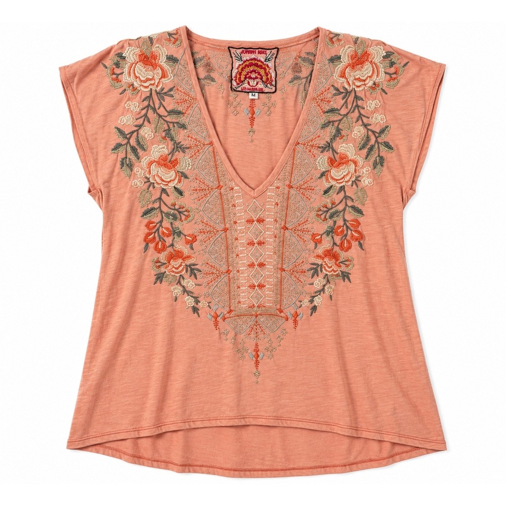 Johnny Was M Peach Floral Embroidered Boho V Neck Tunic Top High Low Peasant